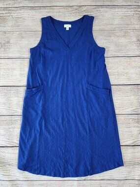 J Jill Dress Blue Cotton Tencel Size Medium V Neck Pockets Resort Beach Summer